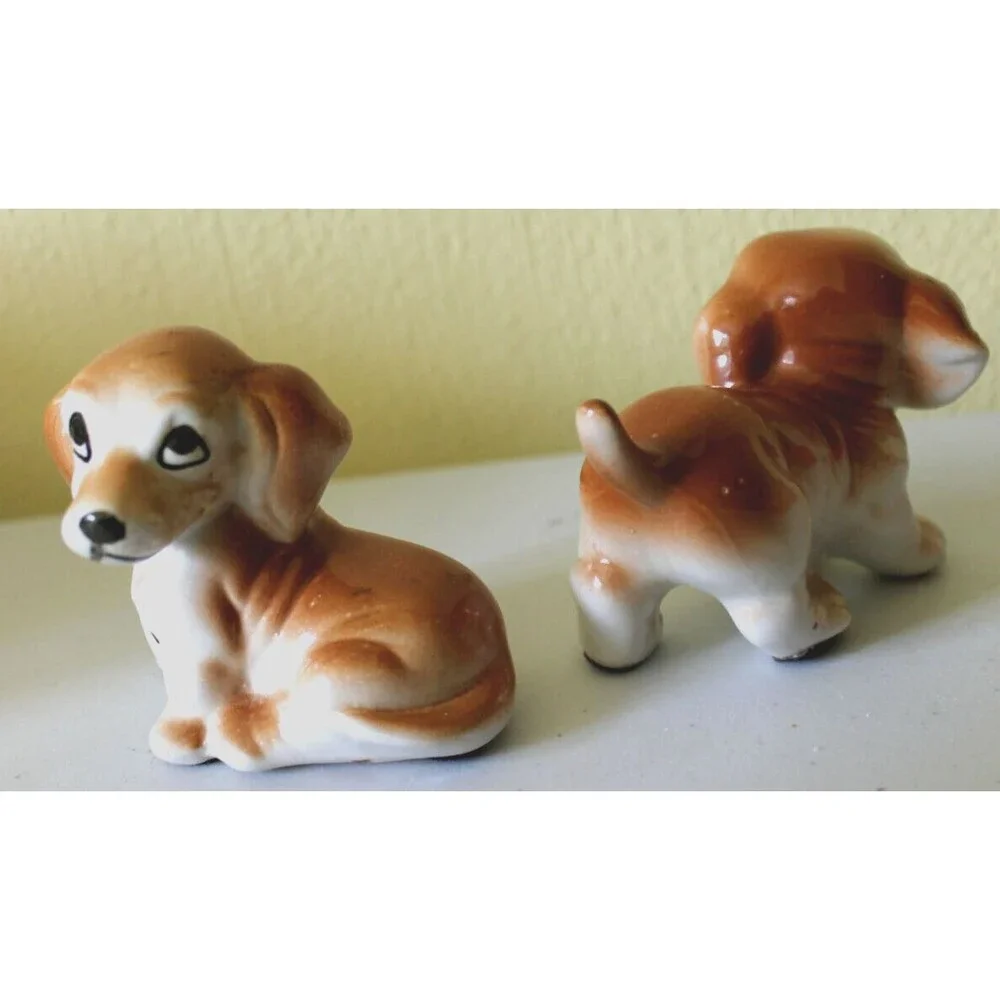 VTG Porcelain Docile Puppy Dog Pair Figurine White & Tan Mini 2.5